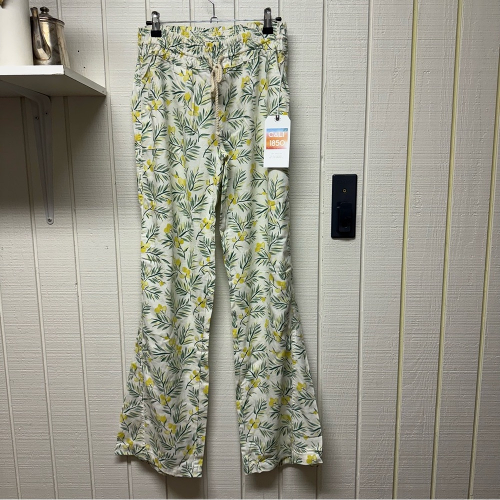 Cali 1850 Linen Pants Lemon Palm Leaf Floral Print Wide Leg white yellow green M